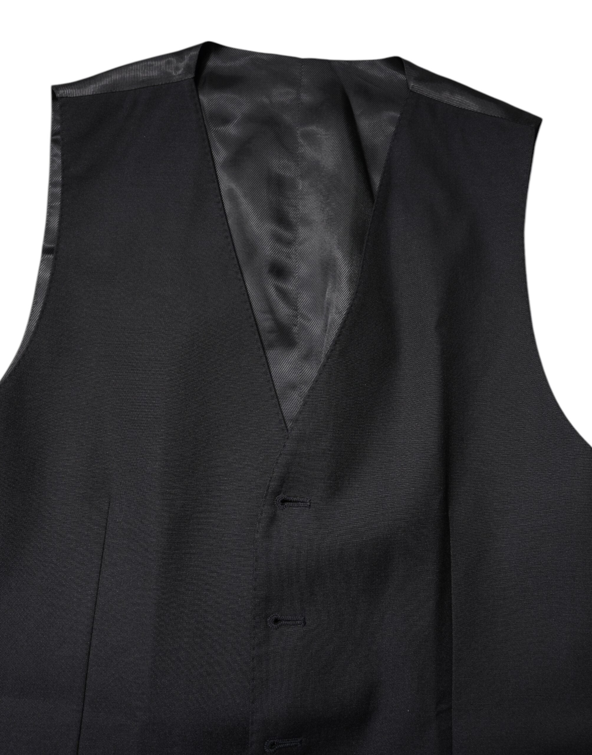 Gilet formel en laine noire Dolce & Gabbana, robe portefeuille élégante, ajustée et sophistiquée.