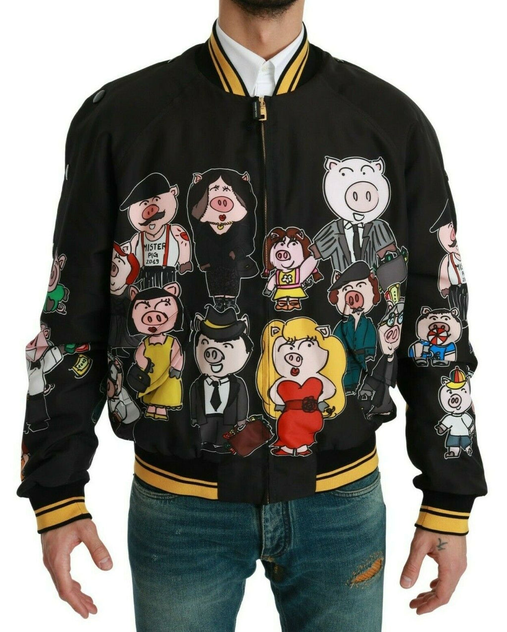 Veste bomber noire Dolce & Gabbana année du cochon avec détails artistiques, mode élégante et tendance.