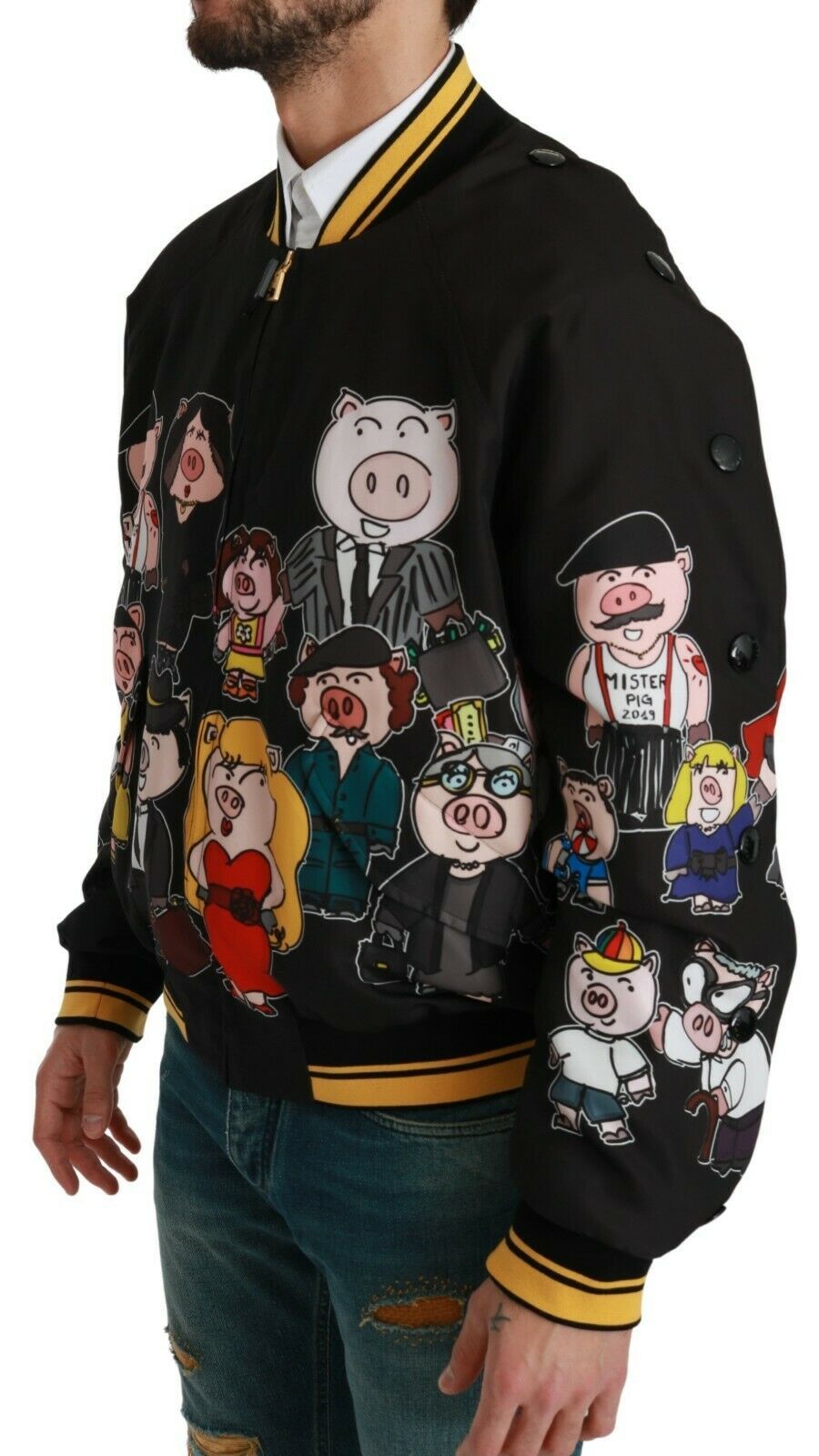 Veste bomber noire Dolce & Gabbana année du cochon avec motifs dorés et détails stylés, vue de face.