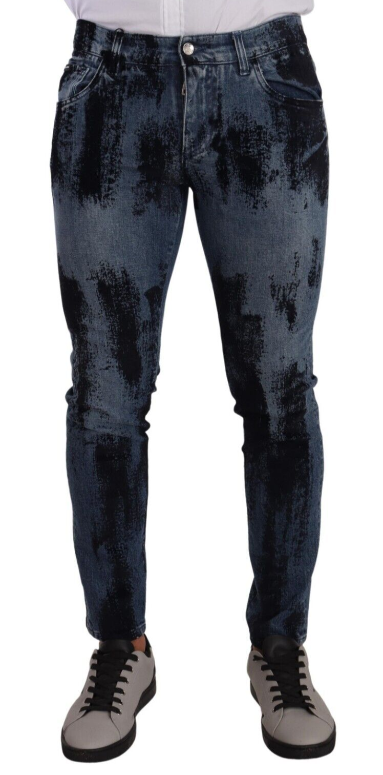 Jeans skinny en denim coton noir et bleu Dolce & Gabbana, coupe ajustée, visible sur un mannequin ou posé à plat.