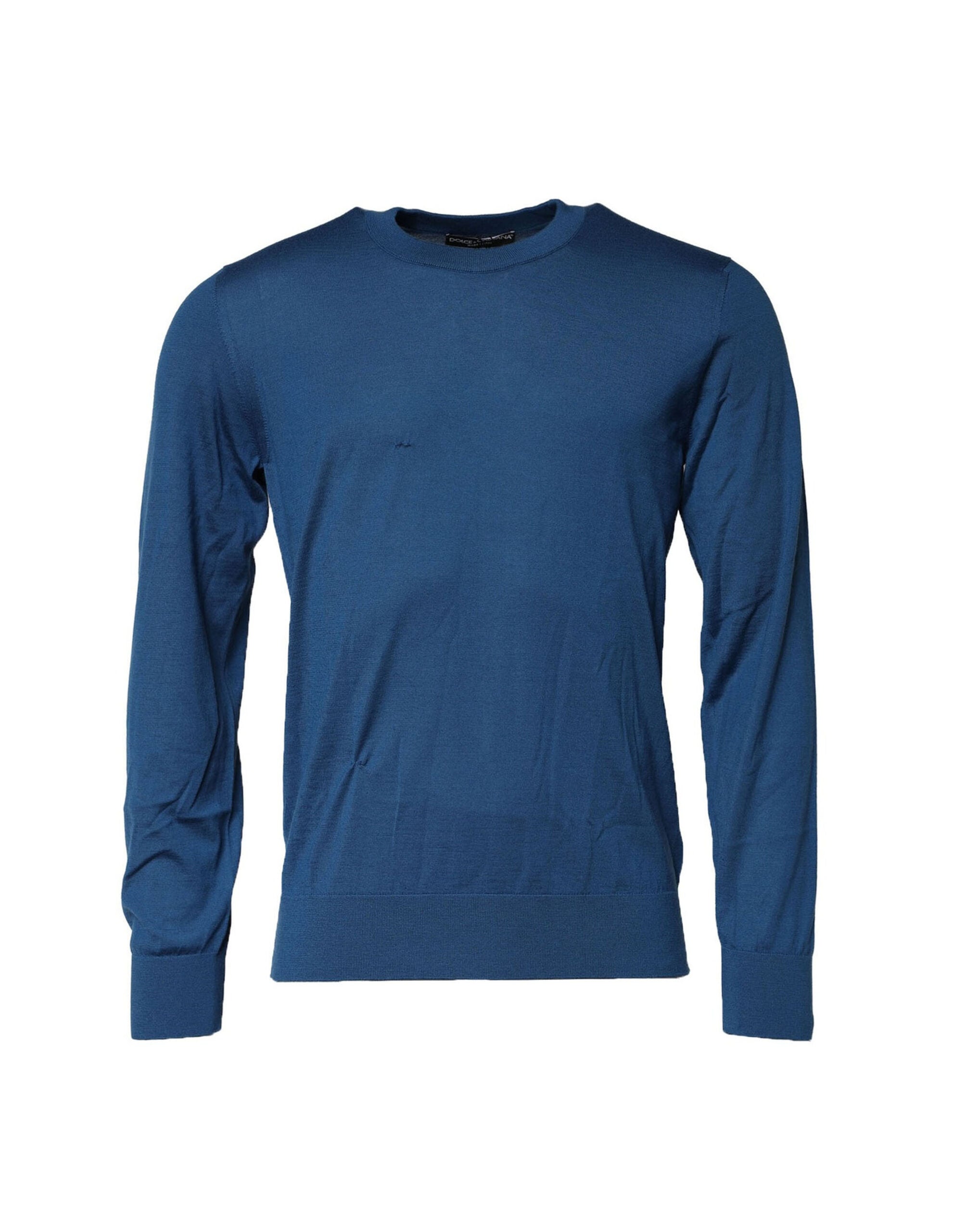 Sweatshirt Dolce & Gabbana en cachemire bleu à col rond, vue de face, détail du tissu doux et confortable.