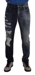 Jeans en coton bleu Dolce & Gabbana, coupe régulière, denim classique pour homme avec détails modernes.