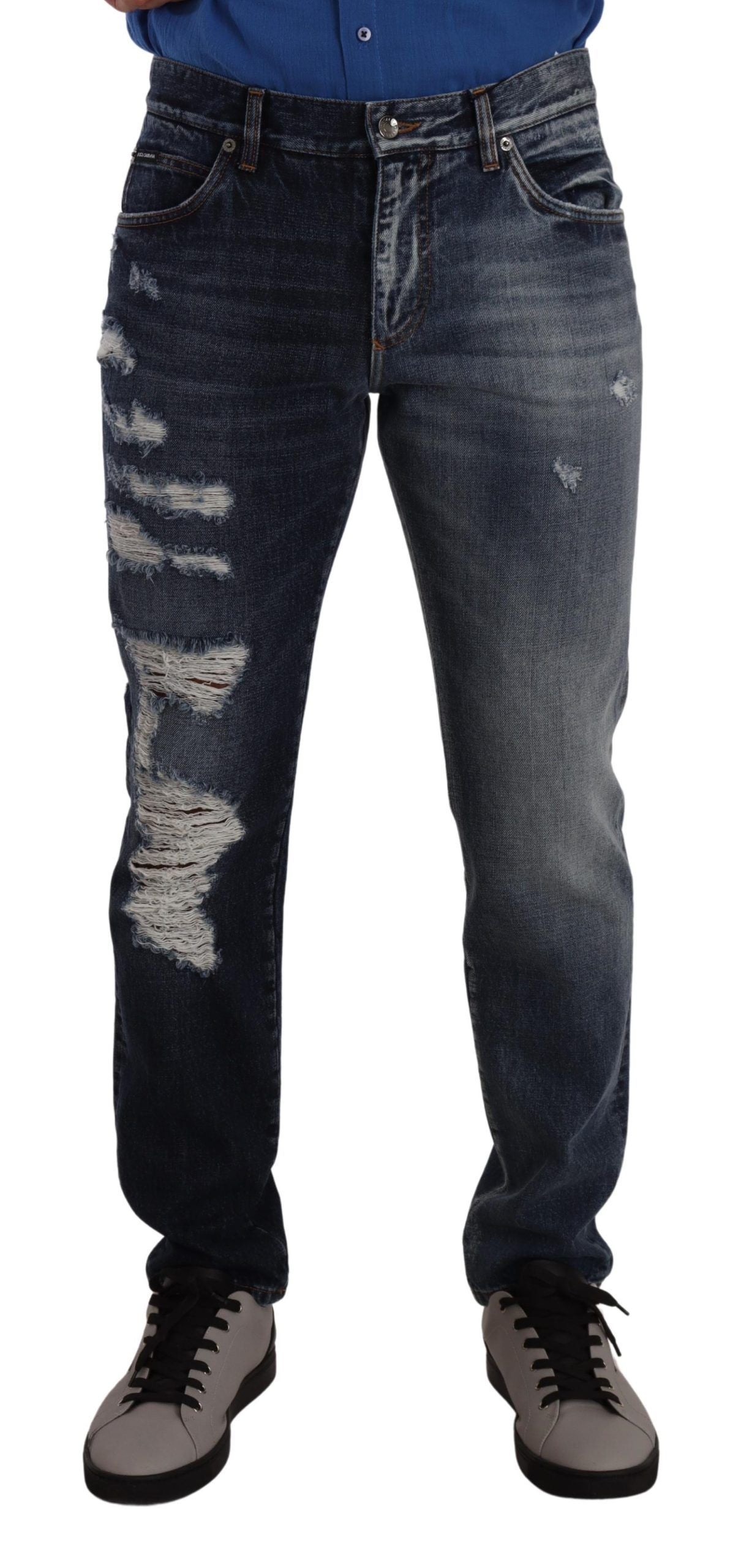 Jeans en coton bleu Dolce & Gabbana, coupe régulière, denim classique pour homme avec détails modernes.