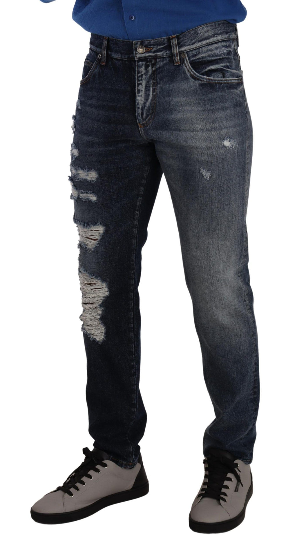 Jeans Dolce & Gabbana en denim bleu, coupe régulière, en coton, pantalon décontracté pour homme.