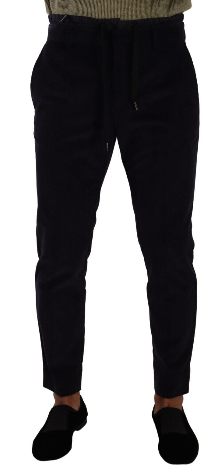 Pantalon Dolce & Gabbana en coton bleu skinny en velours côtelé, vue de face, détails de la coupe ajustée.
