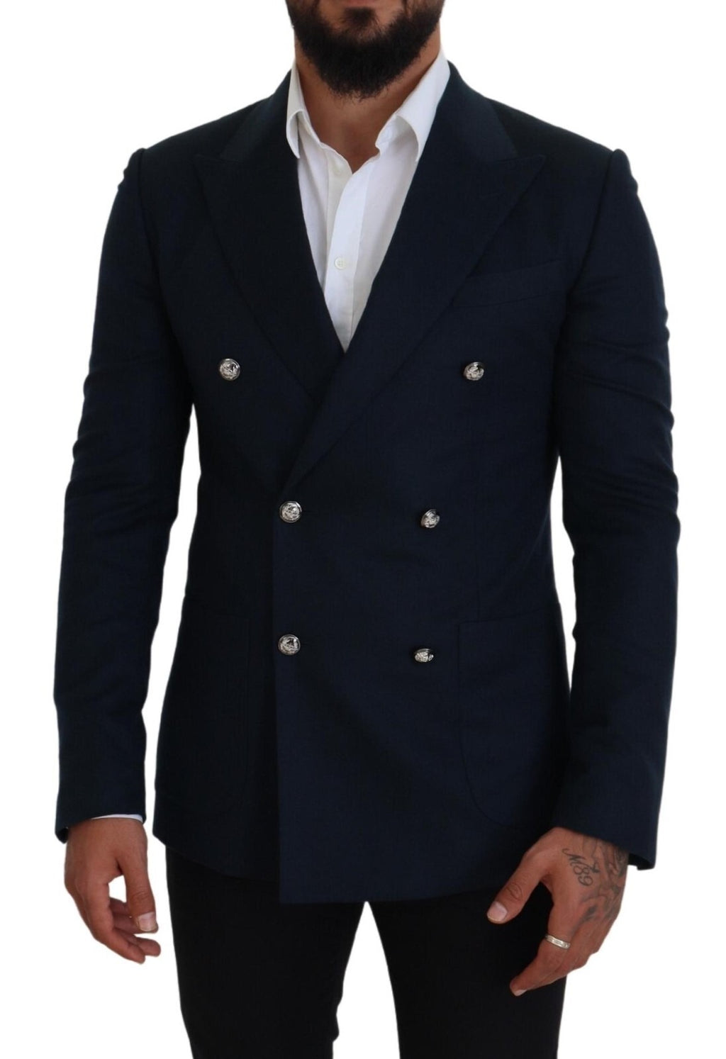 Manteau formel bleu à double boutonnage Dolce & Gabbana, blazer élégant en tissu sophistiqué, porté sur un mannequin.