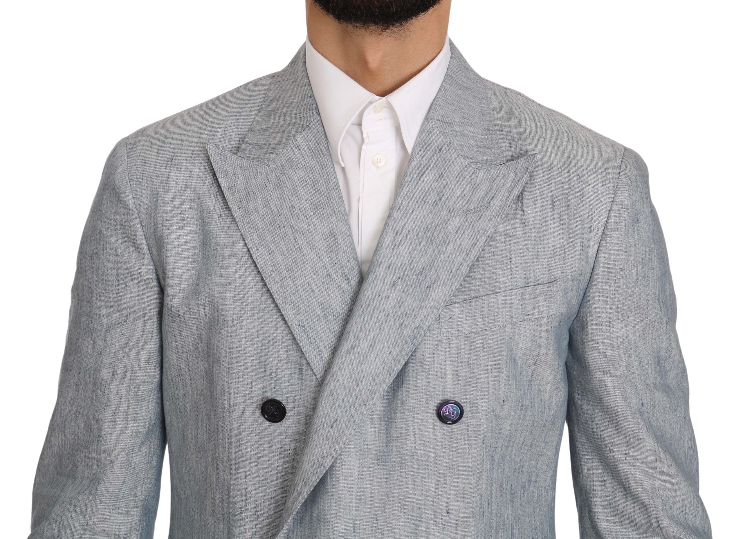 Veste blazer Dolce & Gabbana Blue Flax Napoli avec col classique et coupe élégante, vue de face sur un fond neutre.