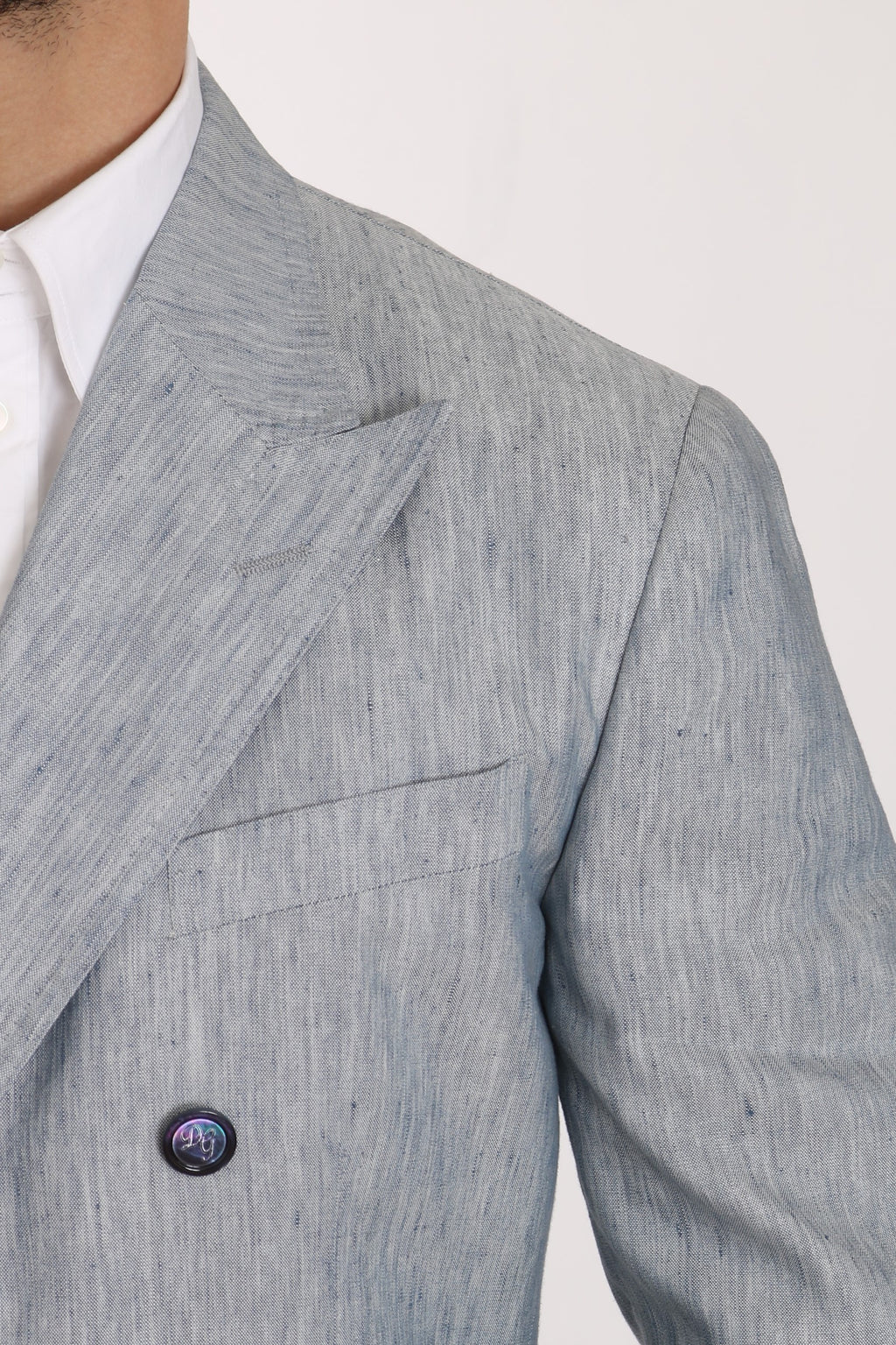 Veste blazer Dolce & Gabbana Napoli en lin bleu, vue de face, élégante avec col classique et boutons sophistiqués.