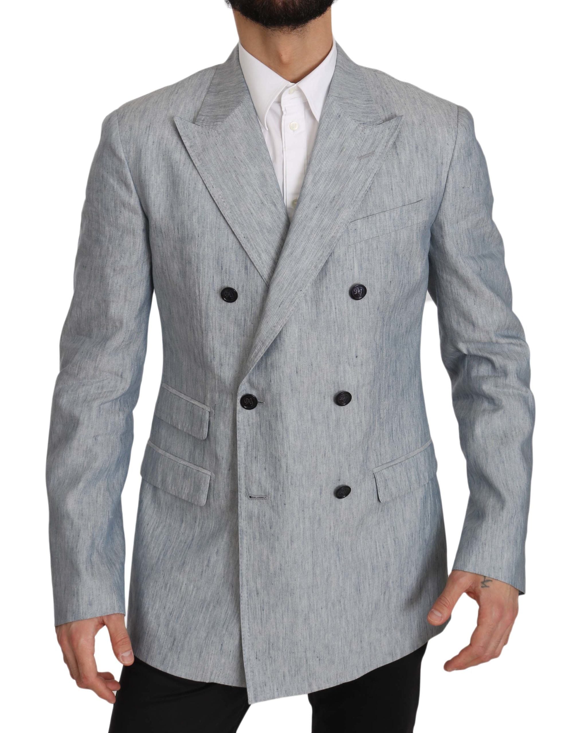 Veste blazer Dolce & Gabbana Napoli en lin bleu avec col classique et boutons, portée sur un mannequin.