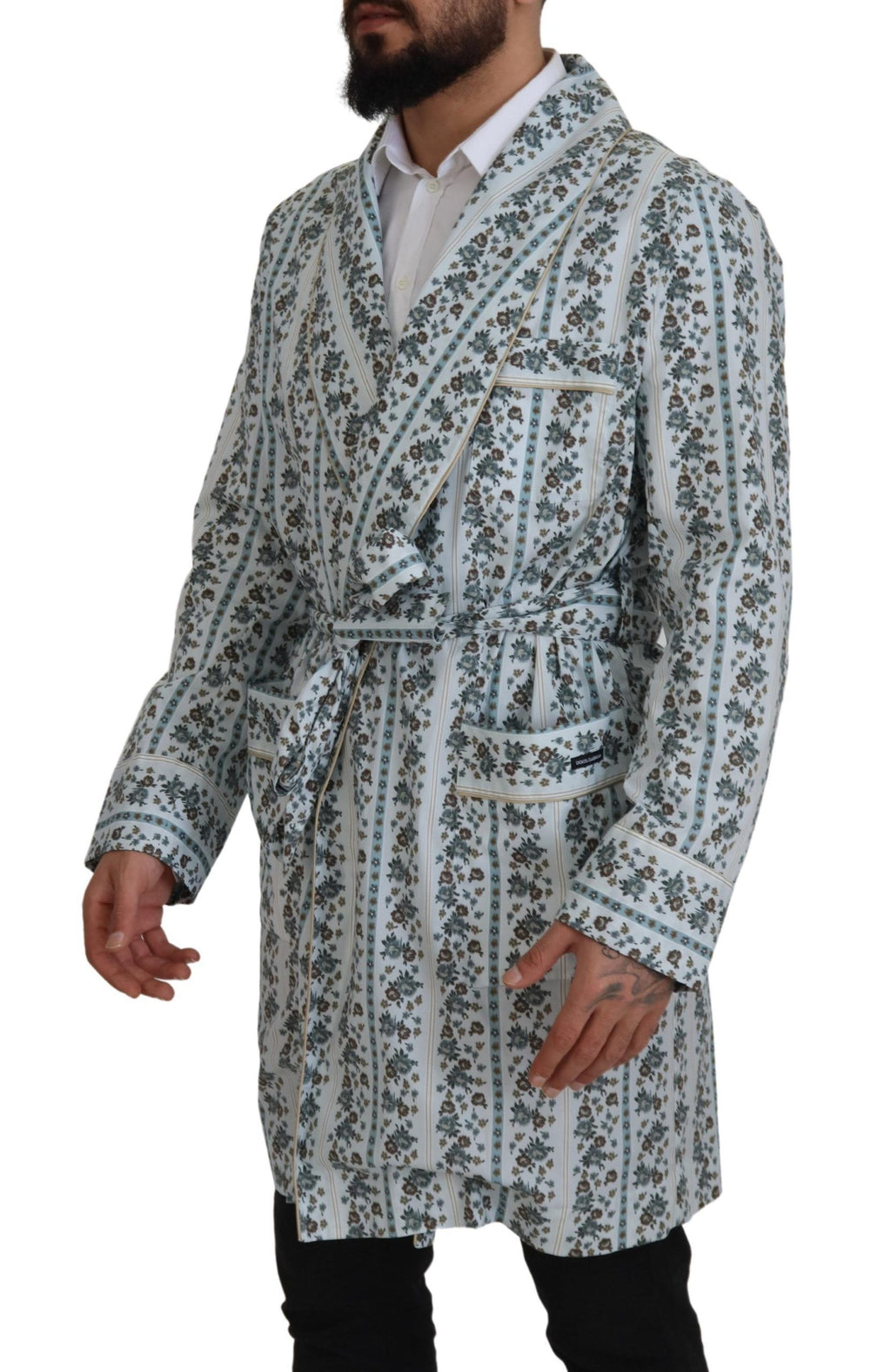 Robe-coat en coton bleu à motifs floraux Dolce & Gabbana, veste élégante avec détails raffinés, vue de face.
