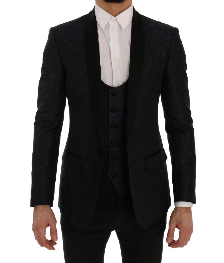 Veste blazer Dolce & Gabbana Blue Martini Slim en deux pièces, élégante et ajustée, portée sur un mannequin.