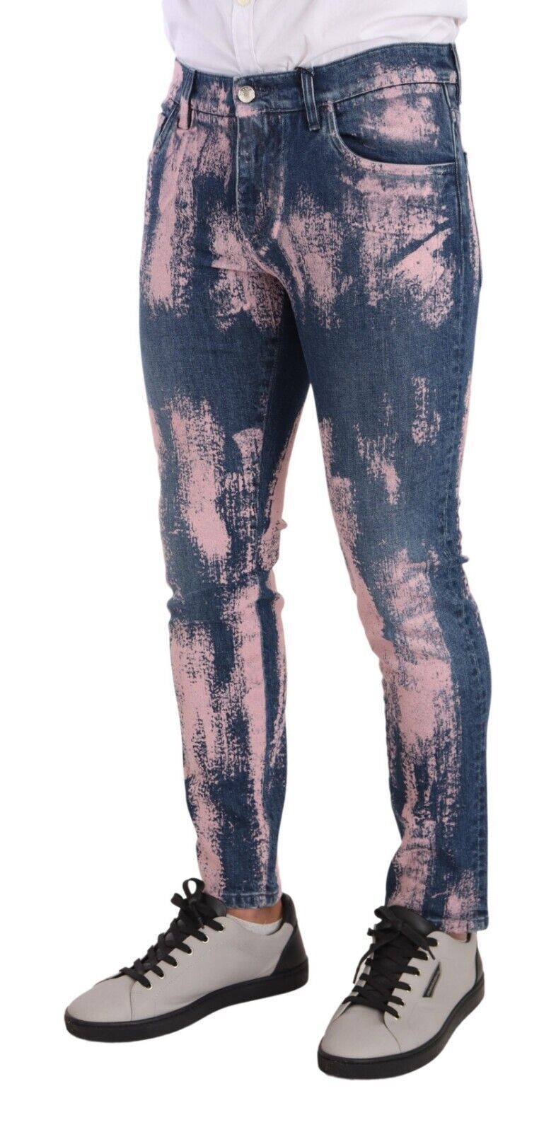 Jeans skinny en denim coton tie-dye bleu et rose de Dolce & Gabbana, style tendance avec motif coloré.