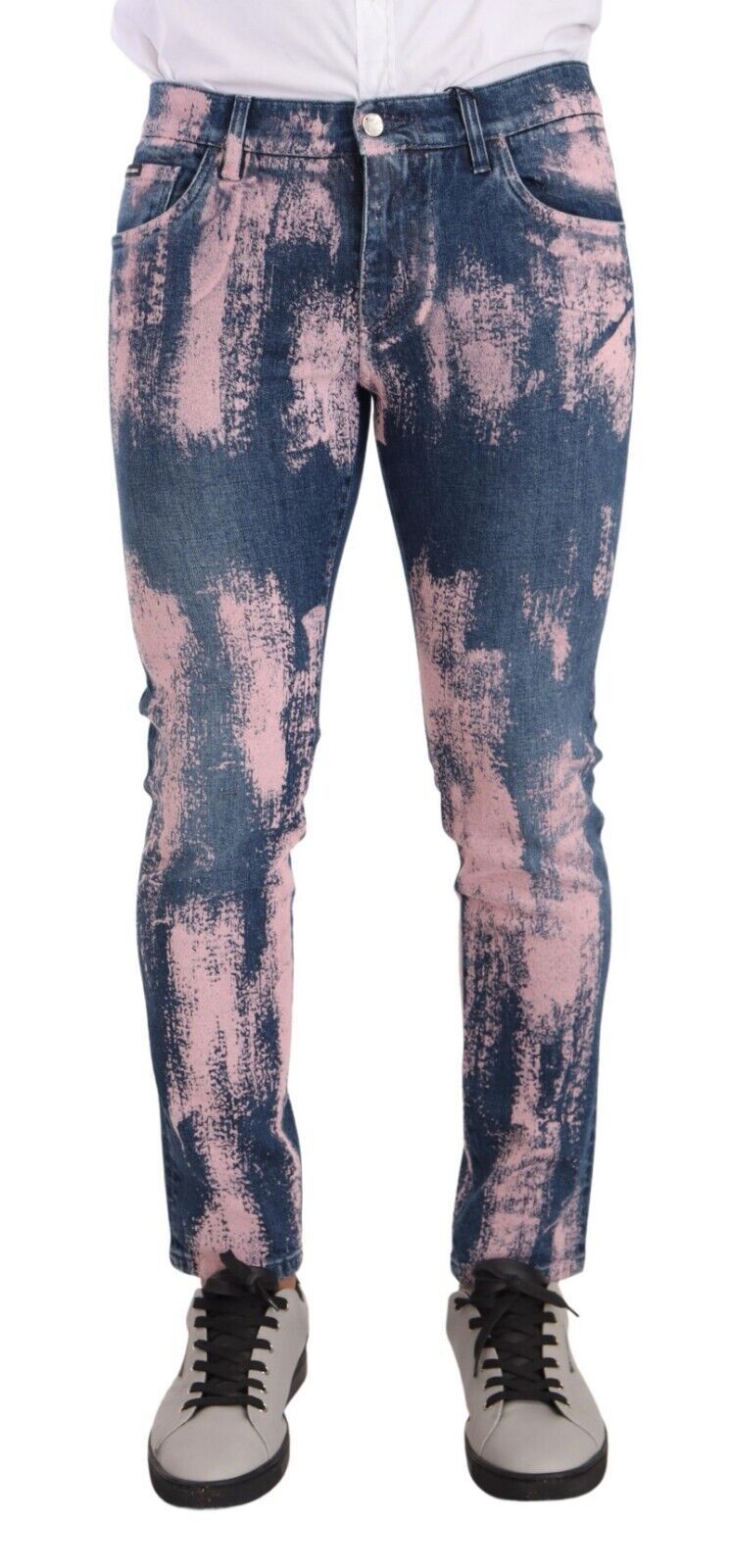 Jeans skinny en denim coton tie-dye bleu et rose de Dolce & Gabbana, style décontracté et tendance.
