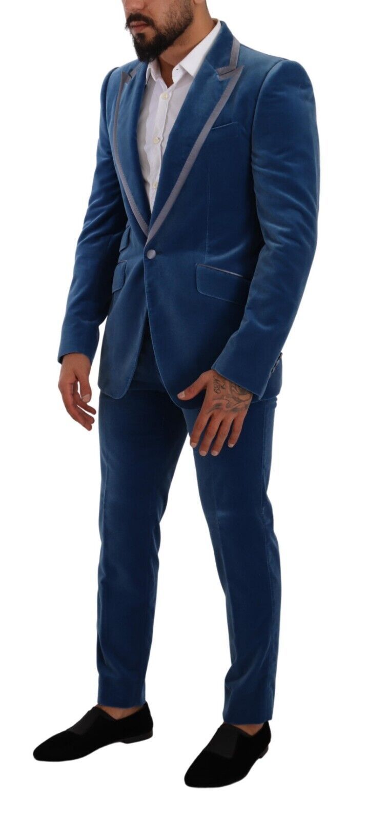 Costume deux pièces en velours bleu Dolce & Gabbana SICILIA, coupe slim fit, élégante et sophistiquée pour homme.