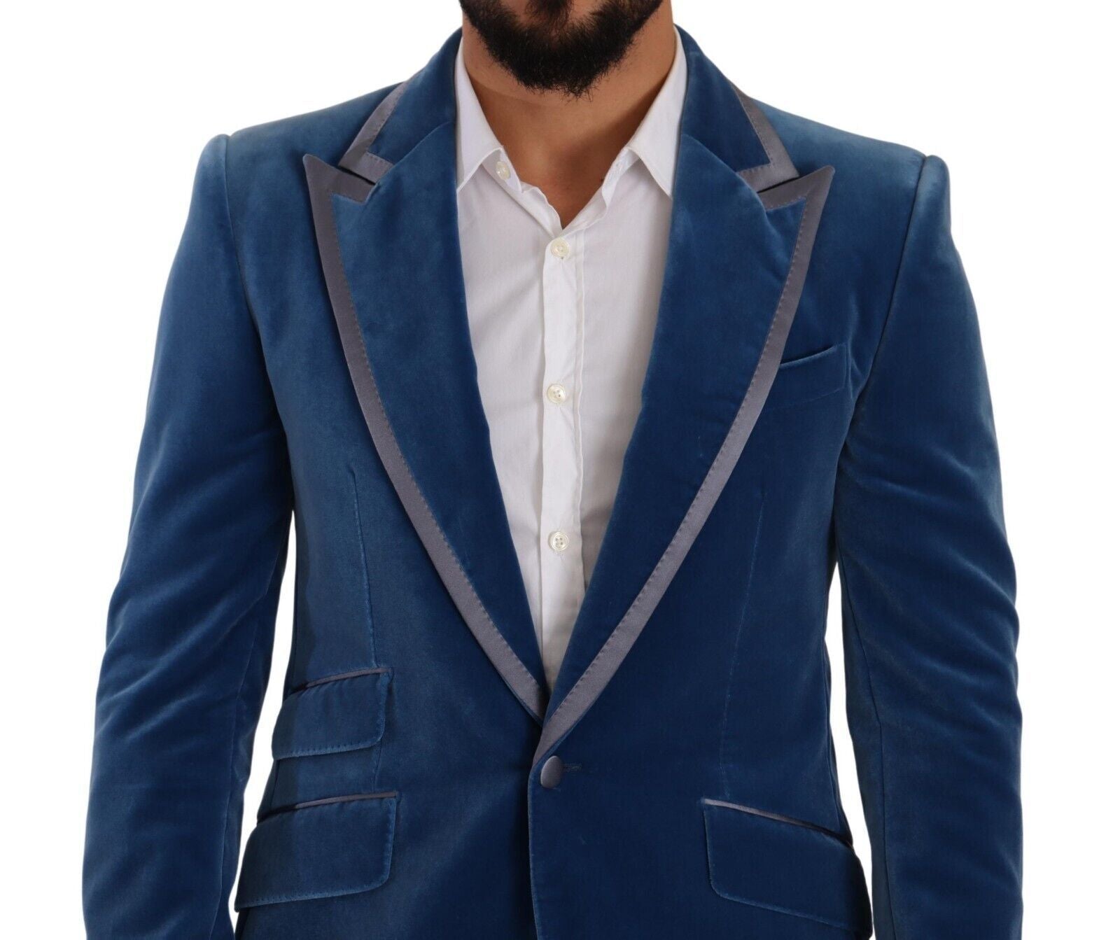 Costume deux pièces Dolce & Gabbana Blue SICILIA en velours, coupe slim, élégant et sophistiqué, porté sur un mannequin.