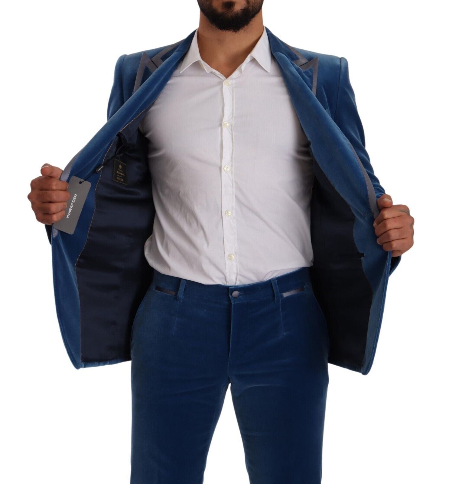 Costume deux pièces en velours bleu Dolce & Gabbana SICILIA, coupe slim fit, pour homme, détails élégants.