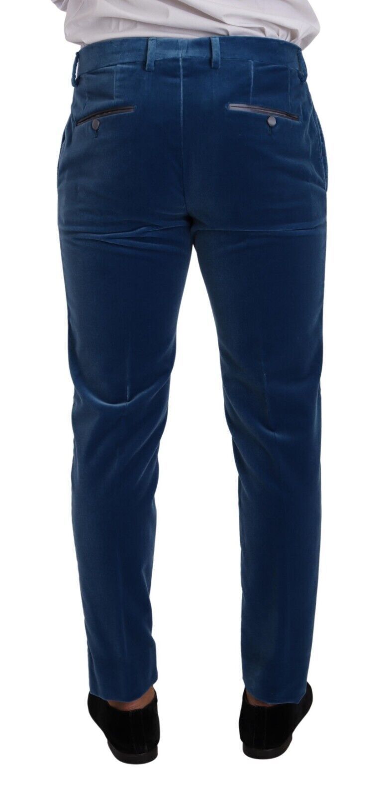 Costume deux pièces en velours bleu Sicilia de Dolce & Gabbana, coupe slim fit, élégant et sophistiqué.