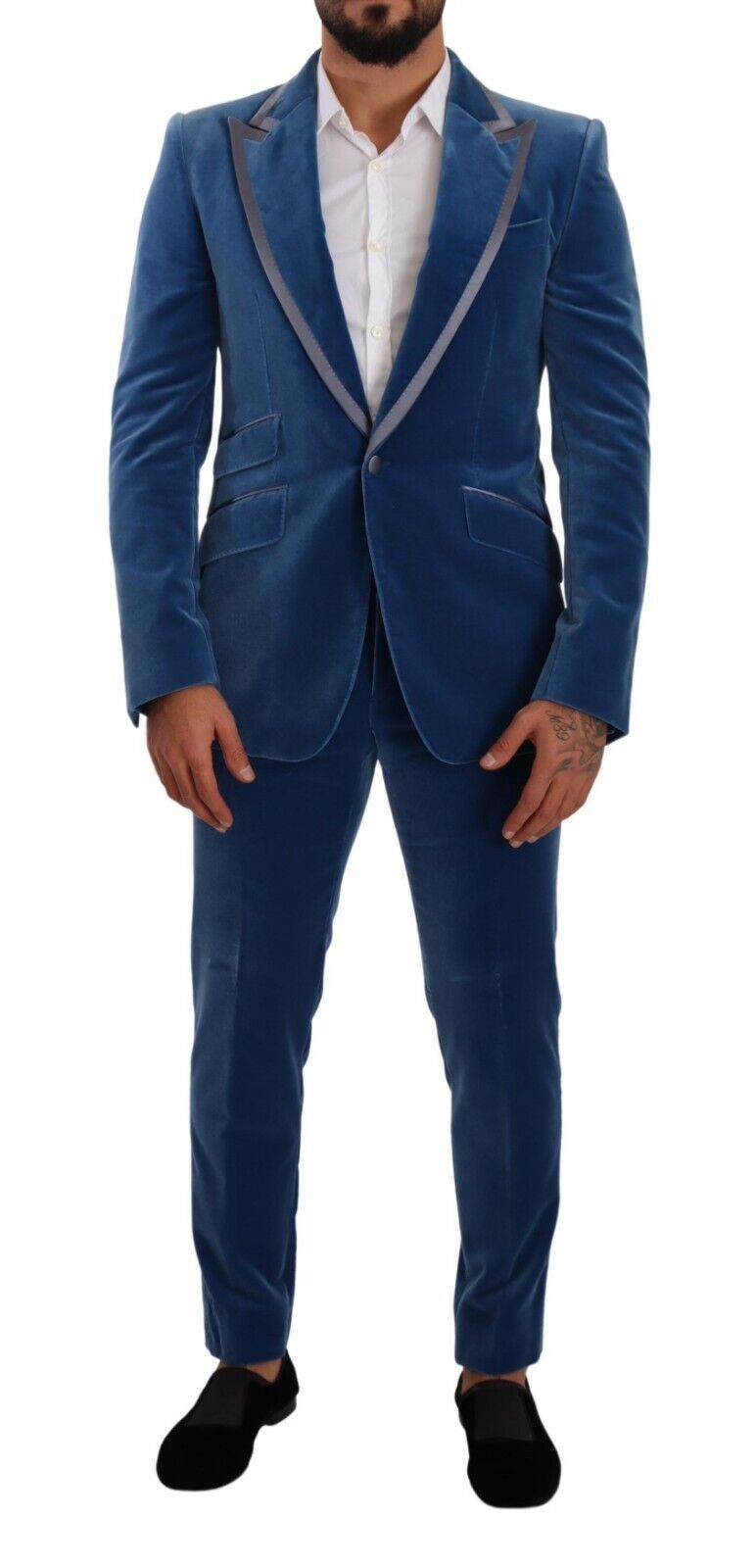 Costume slim en velours bleu Dolce & Gabbana SICILIA, deux pièces, veste et pantalon, élégant et ajusté.