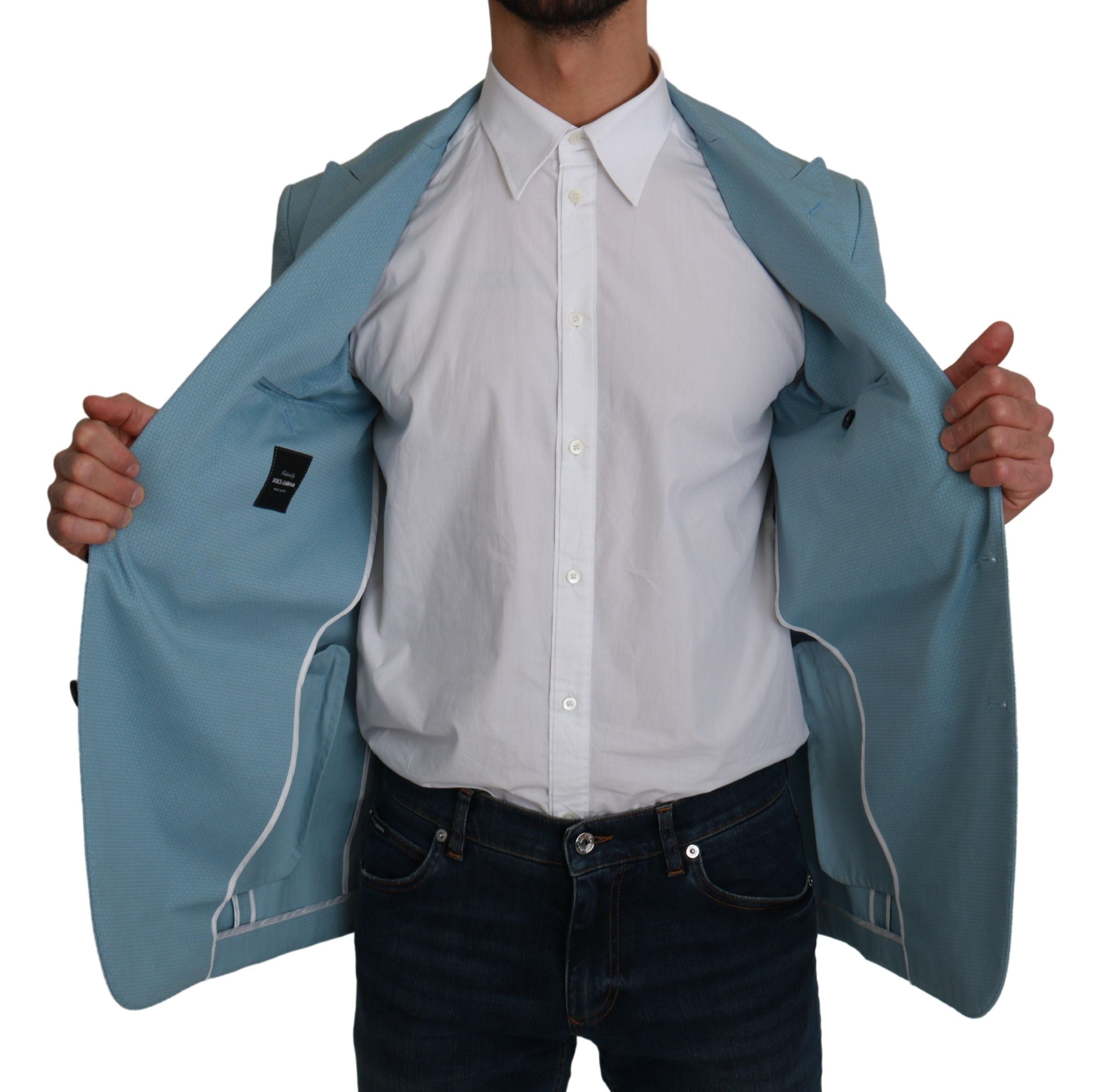 Manteau blazer slim fit bleu Dolce & Gabbana Martini, veste élégante pour homme, détails modernes et couture de luxe.