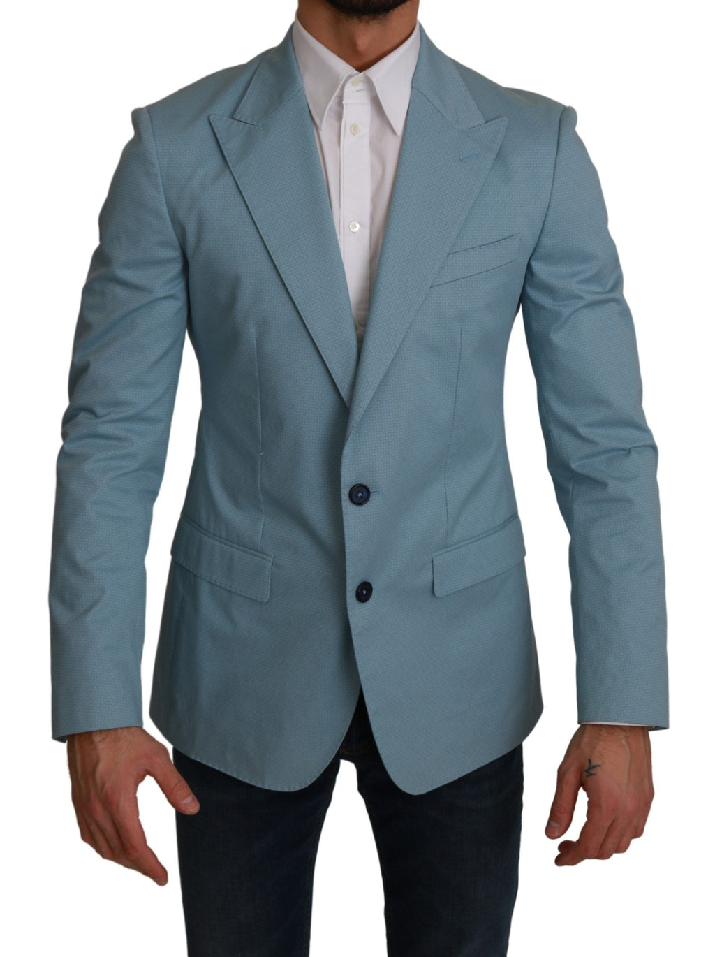 Veste blazer bleu Dolce & Gabbana Slim Fit Martini, coupe élégante, tissu de qualité, vue en gros plan sur le tissu et la coupe.