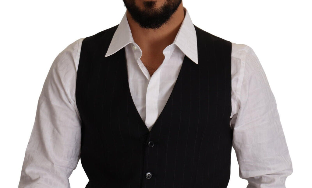 Gilet en laine stretch à rayures bleues de Dolce & Gabbana, veste élégante pour homme avec ceinture à la taille.