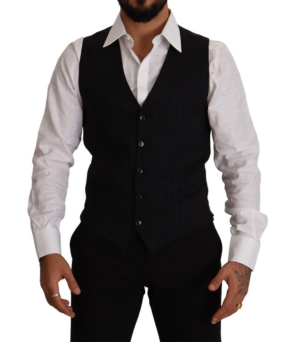 Gilet en laine à rayures bleues de Dolce & Gabbana, veste ajustée avec taille élastique et style élégant.