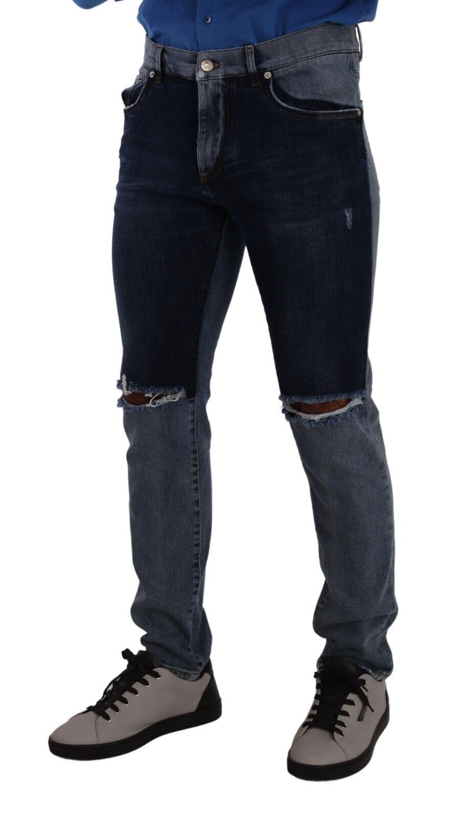 Jeans slim en denim tissé deux tons bleu Dolce & Gabbana, déchirés et tendance, en coton avec finition usée.
