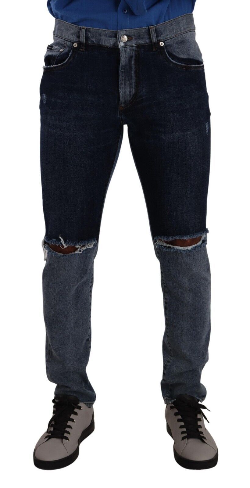 Jeans slim en denim coton déchiré deux tons bleu Dolce & Gabbana, style décontracté et tendance.
