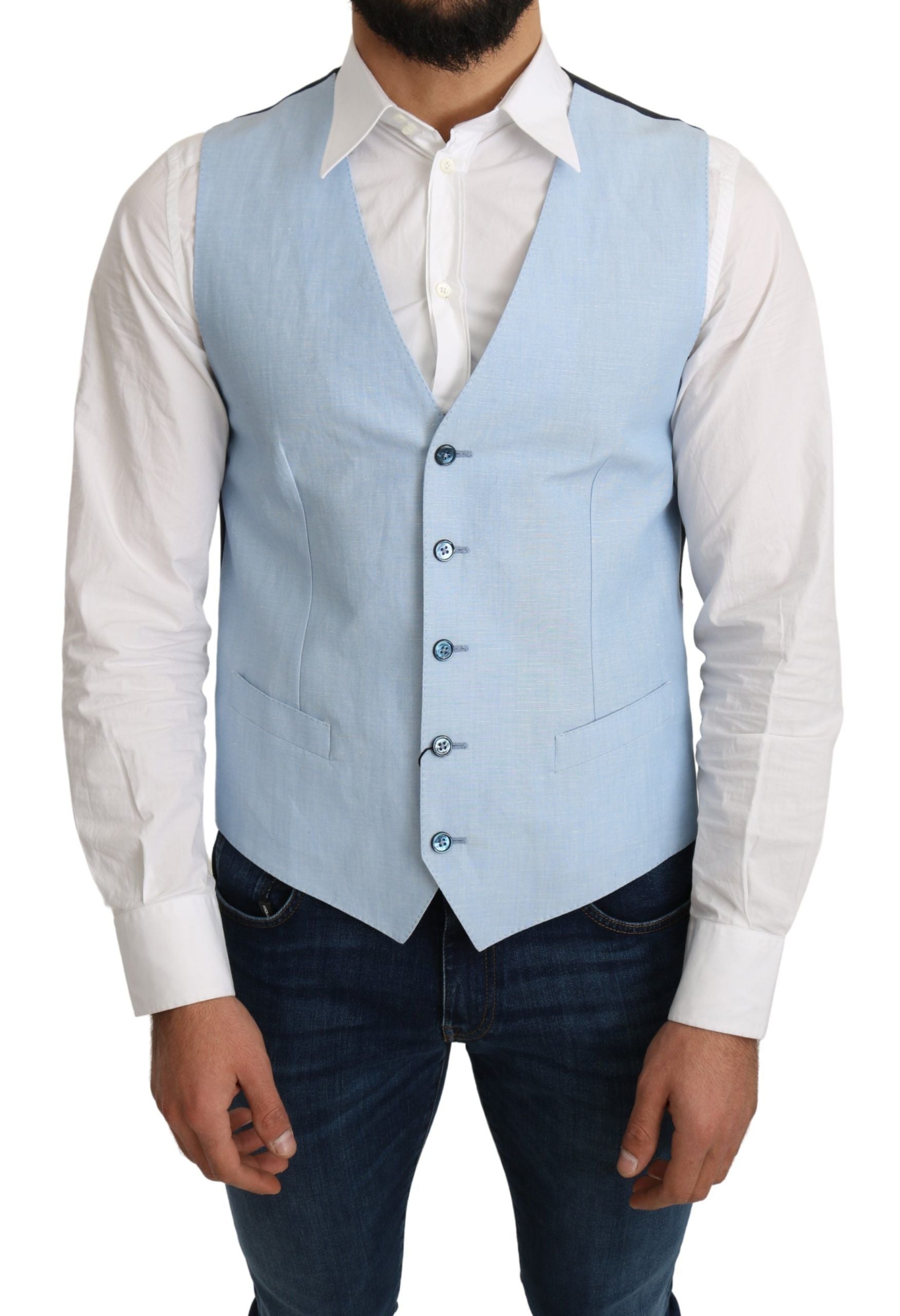 Veste sans manches en viscose bleue Dolce & Gabbana, classique et élégante, pour un style formel et sophistiqué.