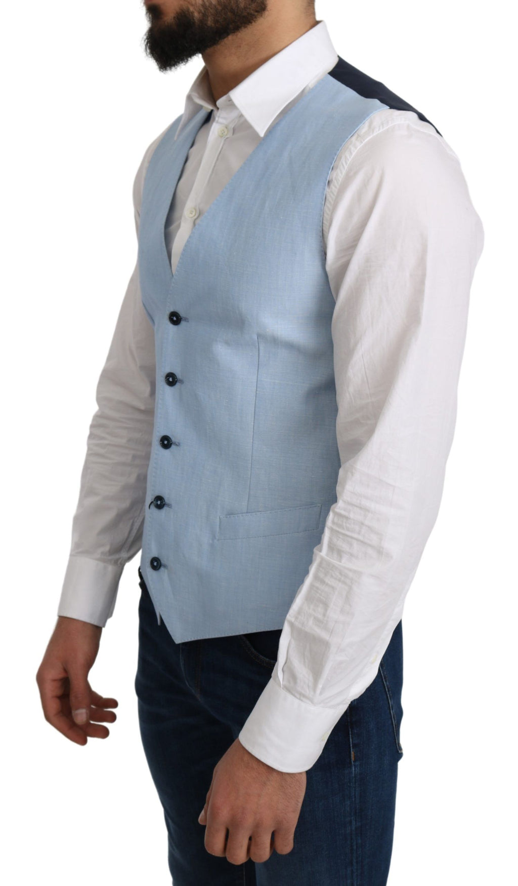 Gilet formel en viscose extensible bleu de Dolce & Gabbana, veste élégante pour hommes, détail de la texture et de la coupe.