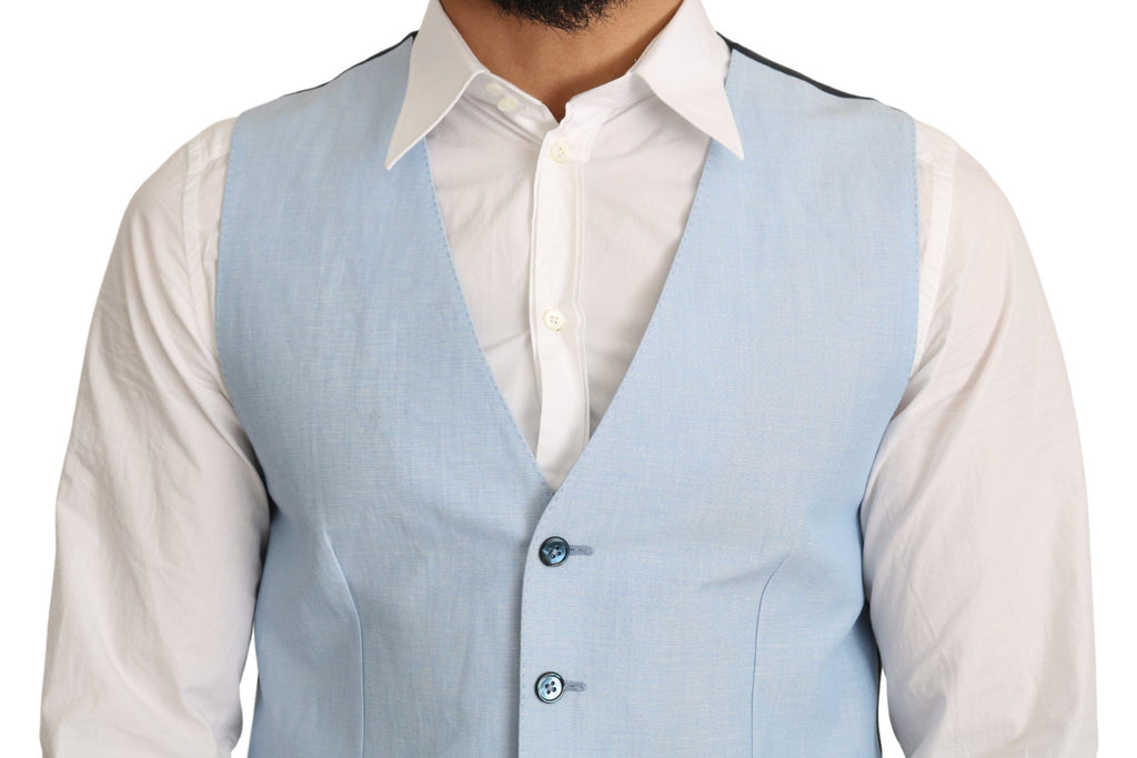 Gilet formel en viscose bleu Dolce & Gabbana, coupe ajustée et élégante, porté sur un mannequin.