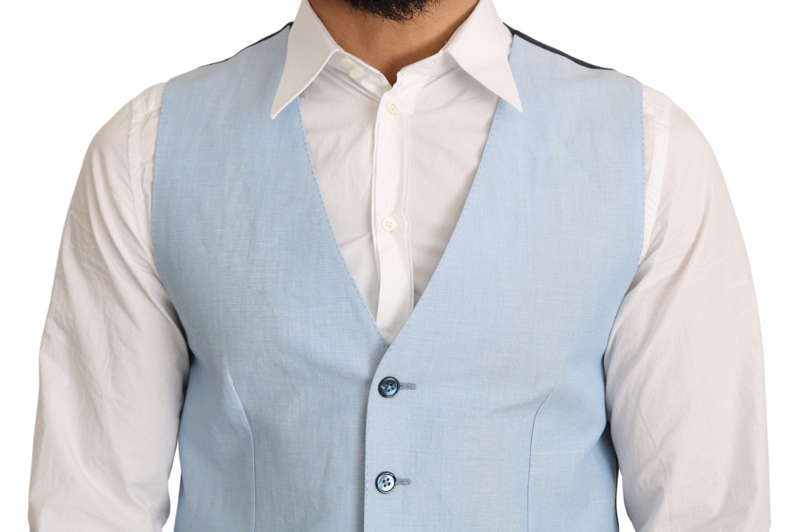 Gilet formel en viscose bleu Dolce & Gabbana, coupe ajustée et élégante, porté sur un mannequin.