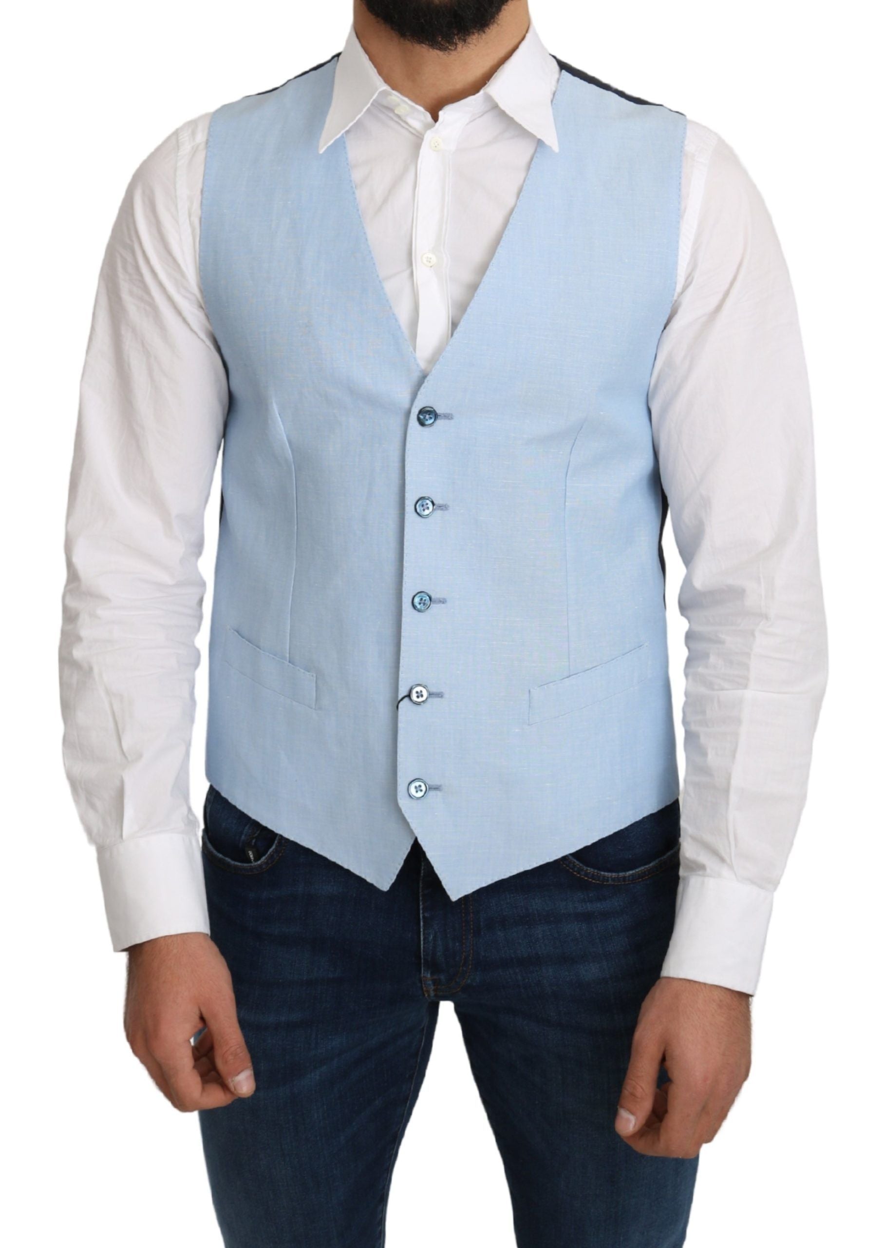Gilet formel en viscose stretch bleu Dolce & Gabbana, veste élégante pour homme avec coupe ajustée.