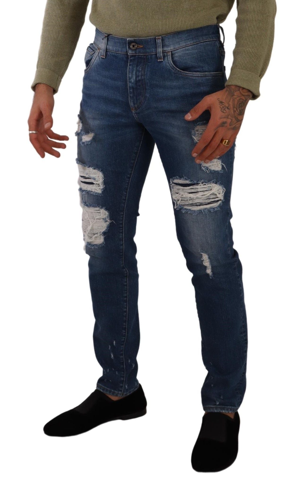 Jeans slim en coton stretch bleu Dolce & Gabbana, coupe ajustée, avec détails de denim, visibles sur l'image.