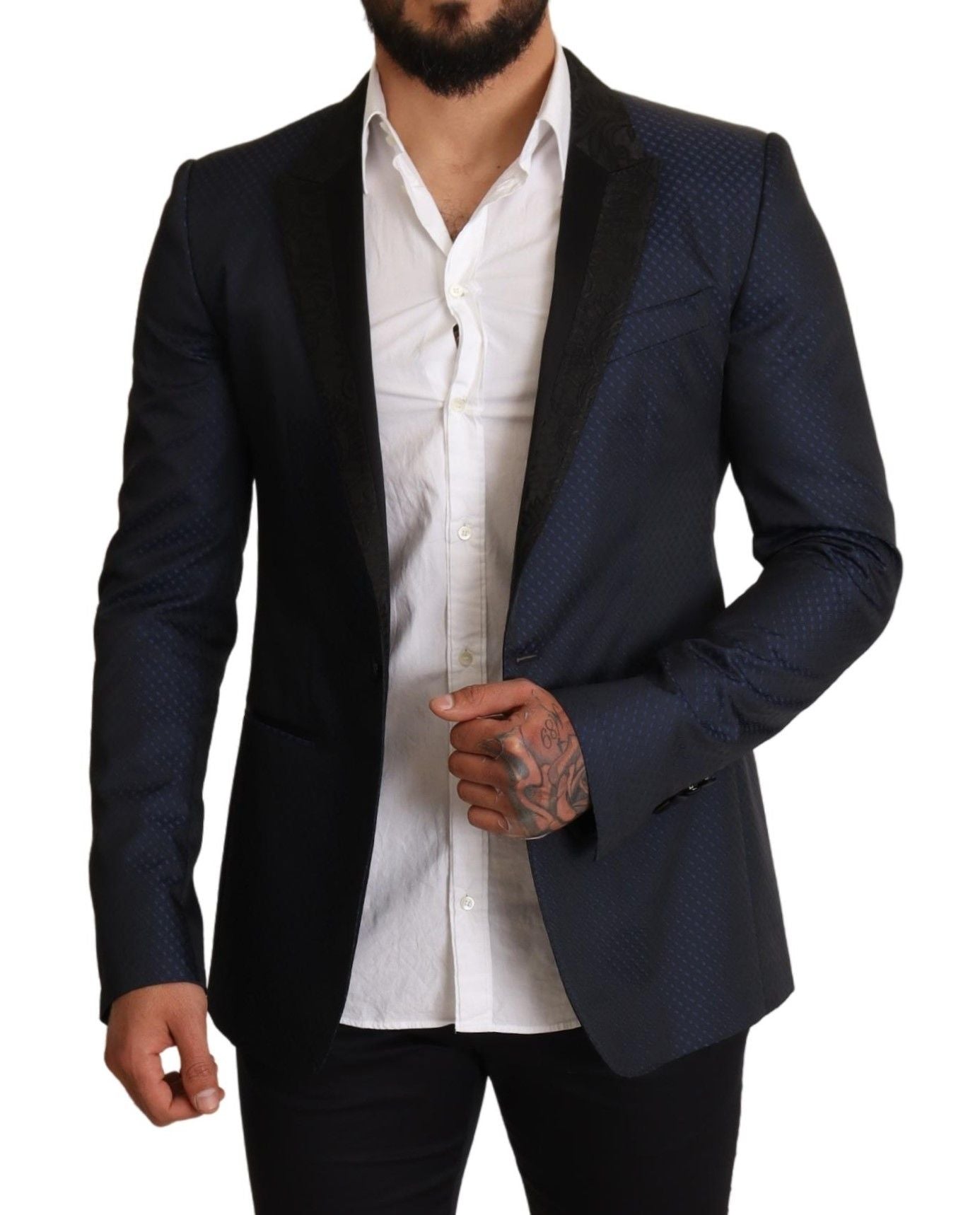 Veste blazer slim fit en laine bleue Dolce & Gabbana Martini, élégante et moderne, vue de face sur fond neutre.