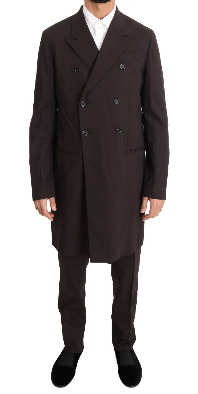 Costume trois pièces en laine stretch bordeaux de Dolce & Gabbana, veste, pantalon et gilet élégants.