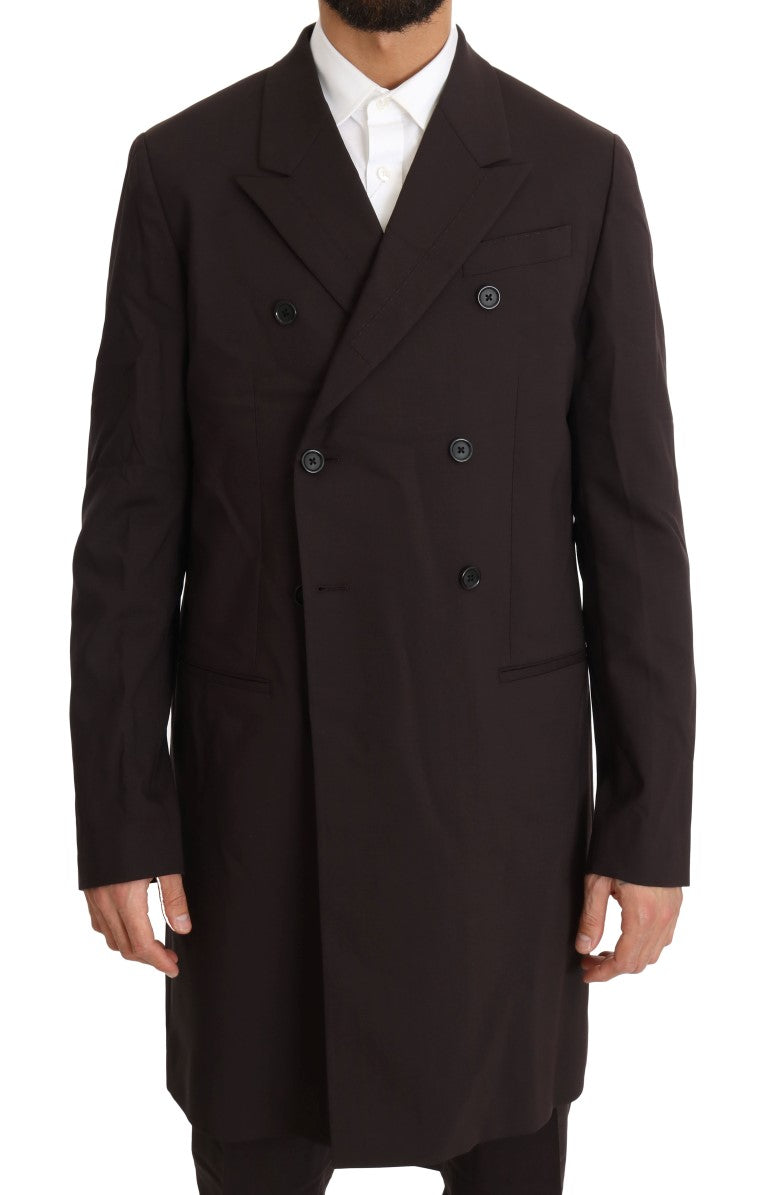 Costume long en laine bordeaux Dolce & Gabbana, ensemble en trois pièces, avec veste, pantalon et gilet élégants.