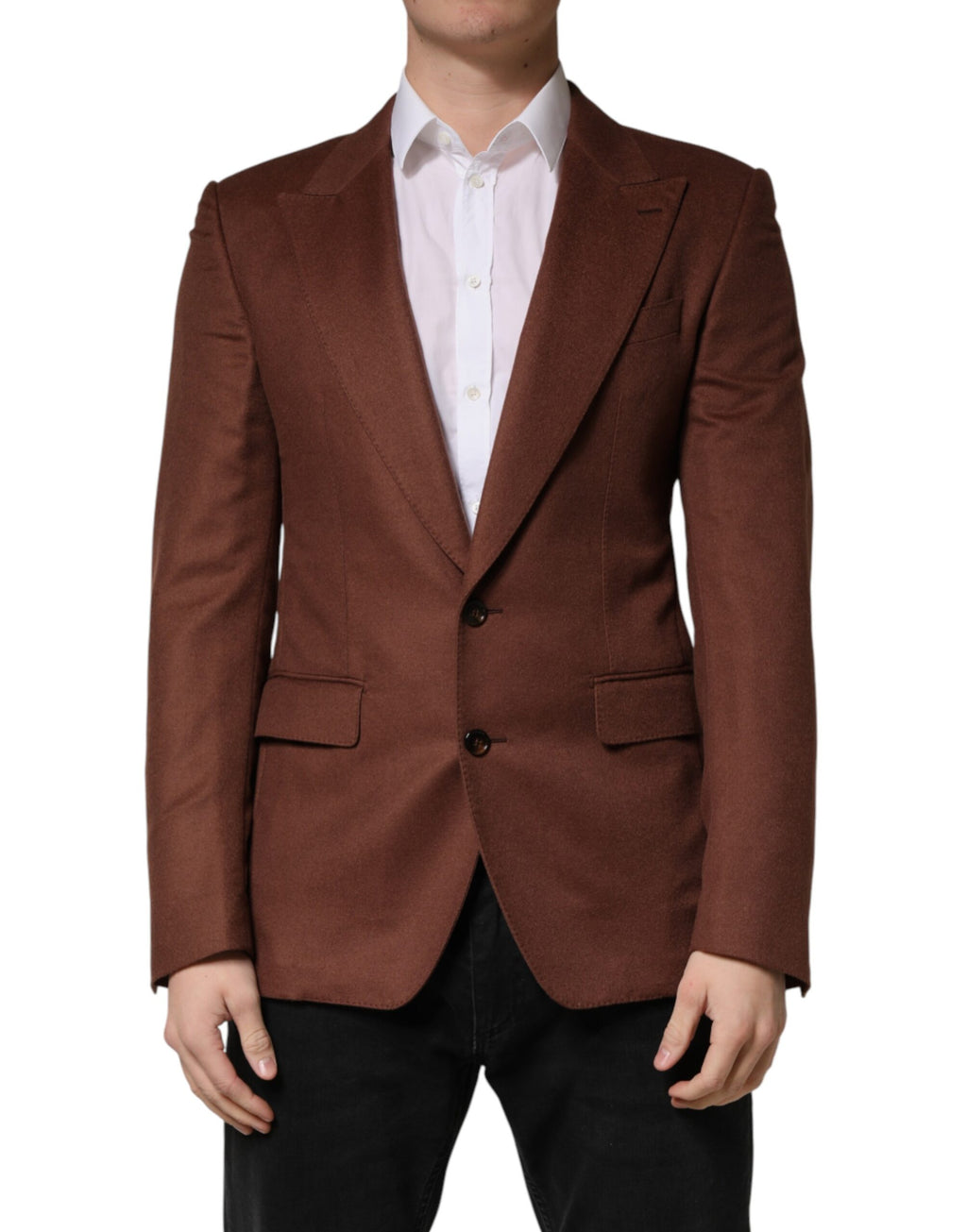 Veste blazer en cachemire marron Dolce & Gabbana à simple boutonnage, élégante et sophistiquée, vue de face.