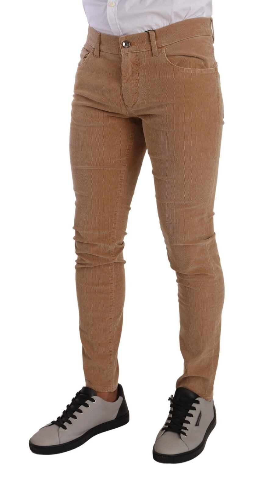 Jeans slim en coton à rayures marron de Dolce & Gabbana, coupe skinny, denim en velours côtelé pour homme.