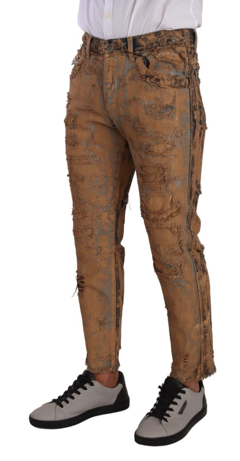 Jeans en denim régulier marron déchiré de Dolce & Gabbana, coton robuste avec détails usés et style décontracté.