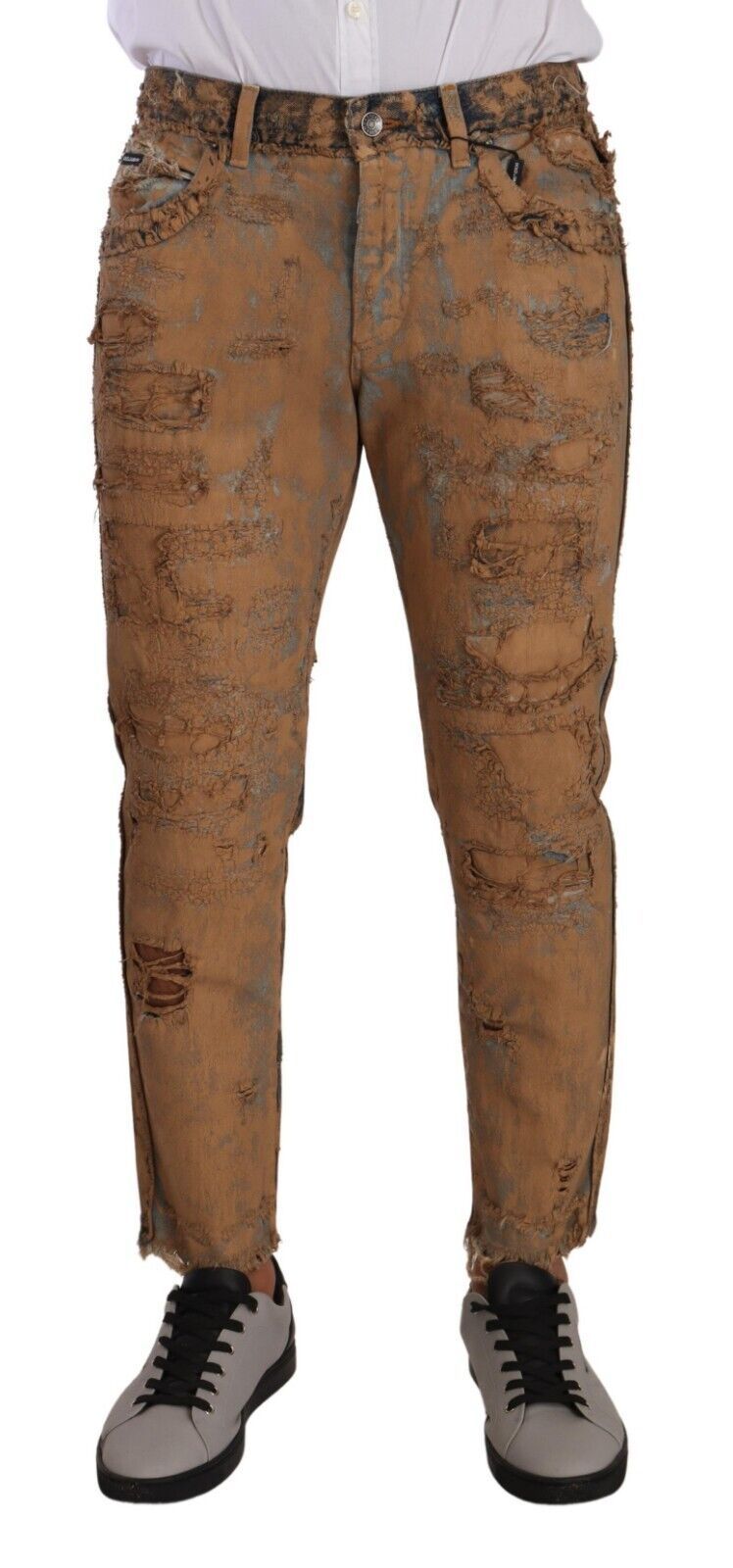 Jeans en coton délavé marron de Dolce & Gabbana, coupe régulière, denim distressed avec détails usés visibles.