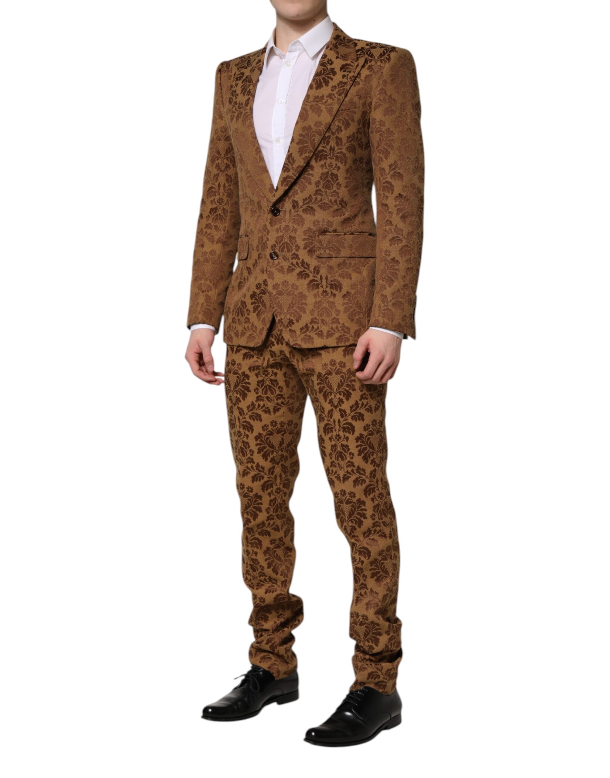 Costume deux pièces en jacquard floral marron de Dolce & Gabbana, style Sicilia, vue de l'avant.
