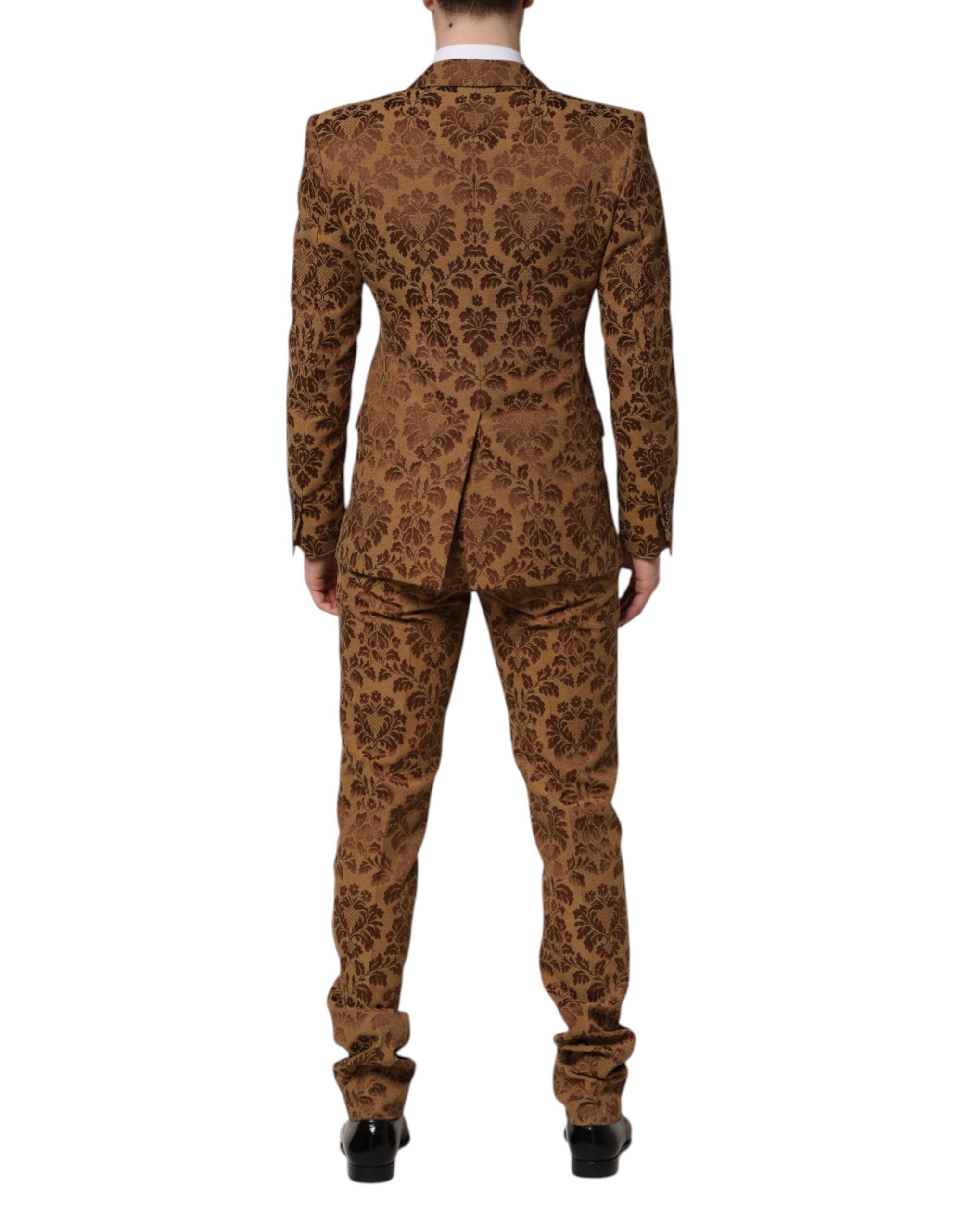 Costume deux pièces Dolce & Gabbana en jacquard floral marron Sicilia, vue de face, détails du tissu et coupe élégante.