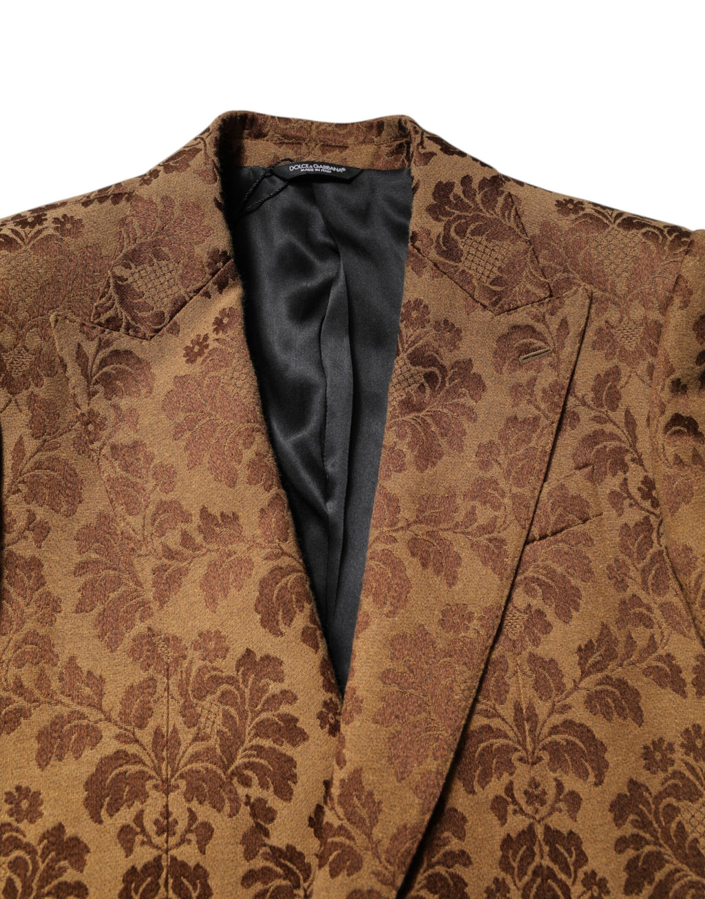 Costume deux pièces Dolce & Gabbana en jacquard floral marron Sicilia, veste et pantalon élégants avec motifs floraux.