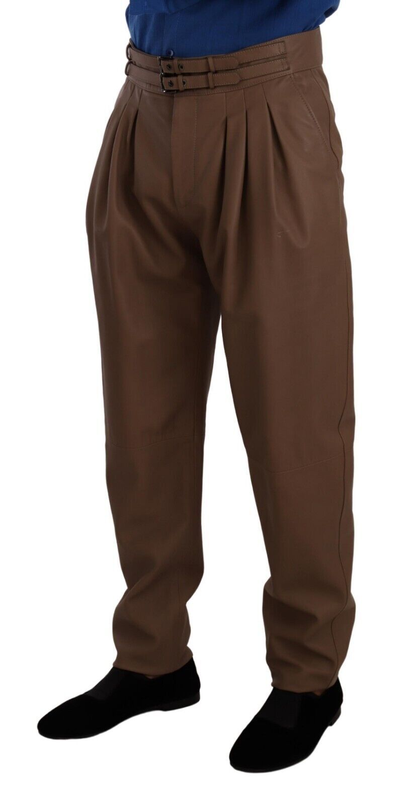 Pantalons en cuir marron Dolce & Gabbana à taille haute fuselée, mode élégante et sophistiquée, portée décontractée ou habillée.