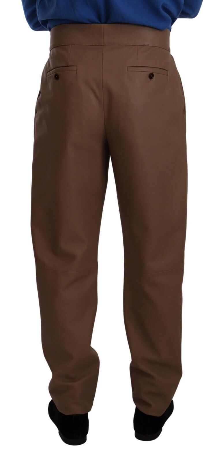 Pantalon marron en cuir Dolce & Gabbana, coupe tapered à taille haute, visible sur l’image.