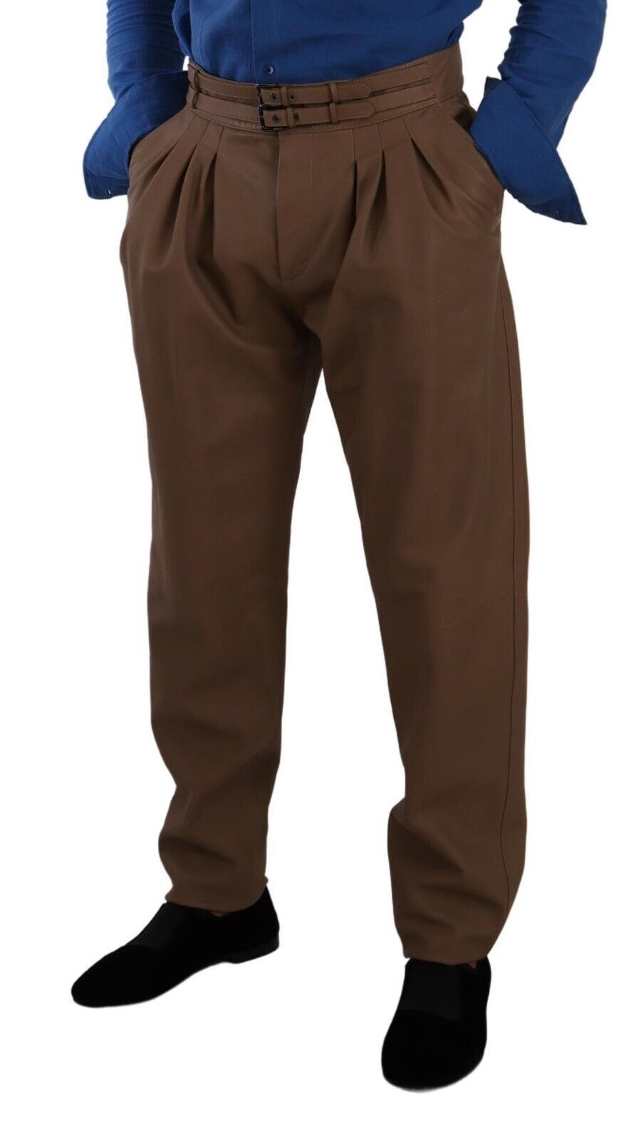 Pantalons marron en cuir Dolce & Gabbana, coupe tapered à taille haute, avec détails élégants et finition soignée.