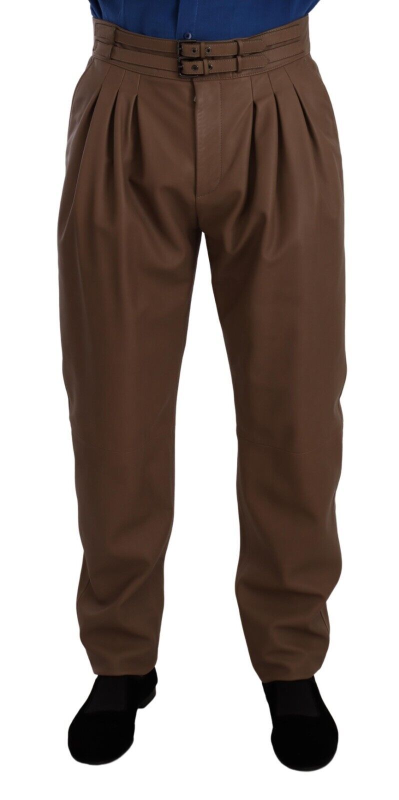 Pantalon marron en cuir Dolce & Gabbana, coupe tapered, taille haute, vue de face sur un mannequin.