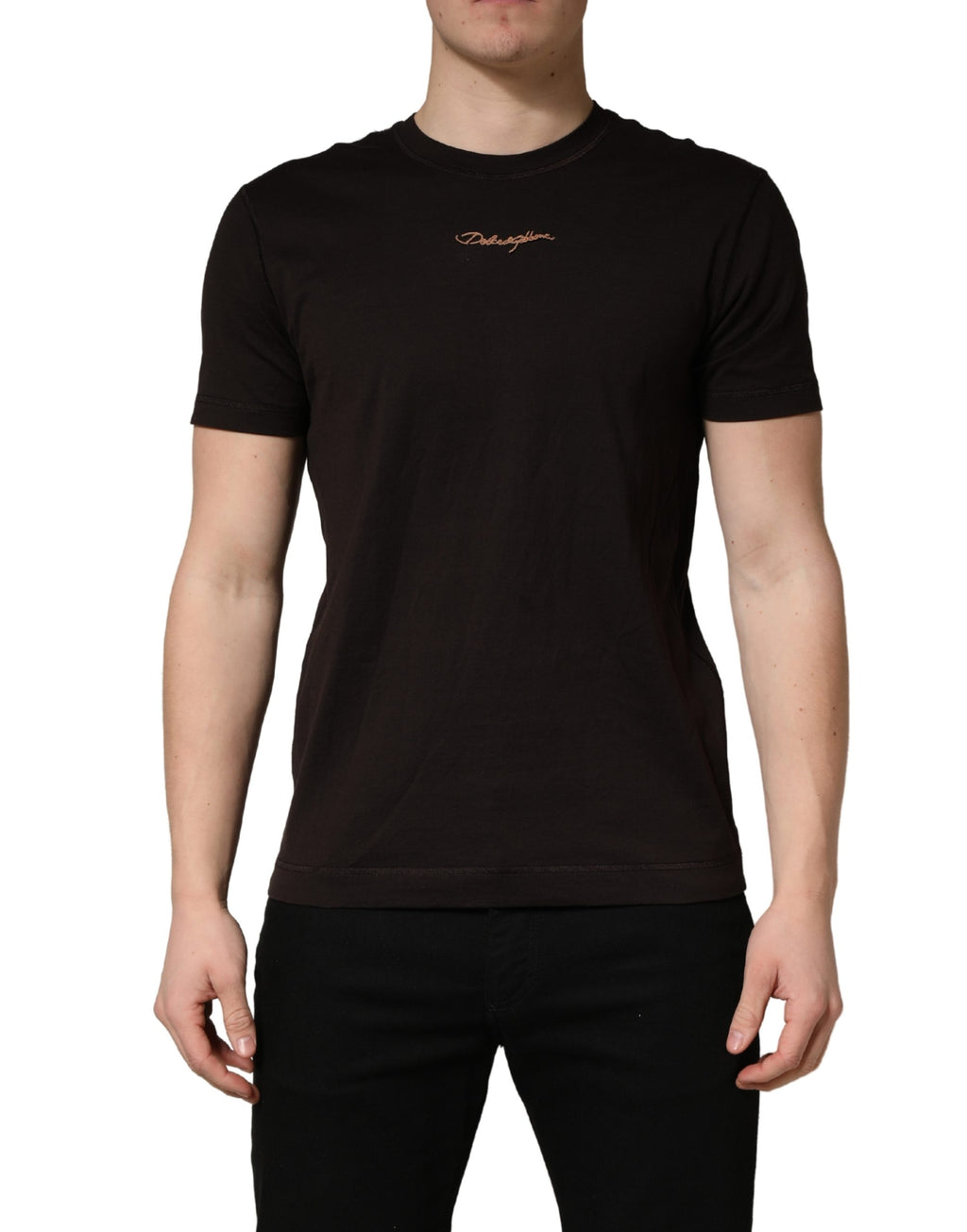 T-shirt homme en coton Dolce & Gabbana marron avec logo brodé sur le devant, col rond et coupe décontractée.