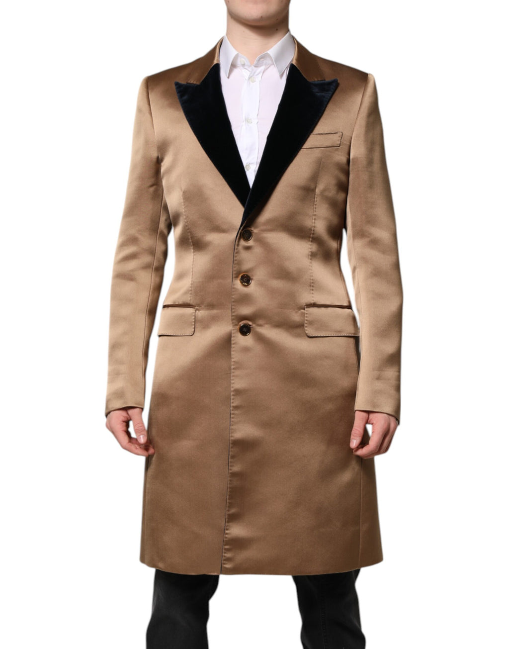 Manteau trench en soie marron à simple boutonnage de Dolce & Gabbana, aperçu de face avec ceinture à la taille.